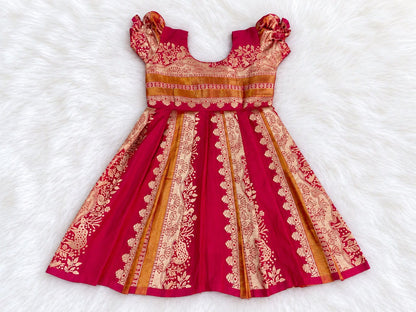 Red Pure Paithani Silk Kalamkari &amp; Peacock Weaving  kid&