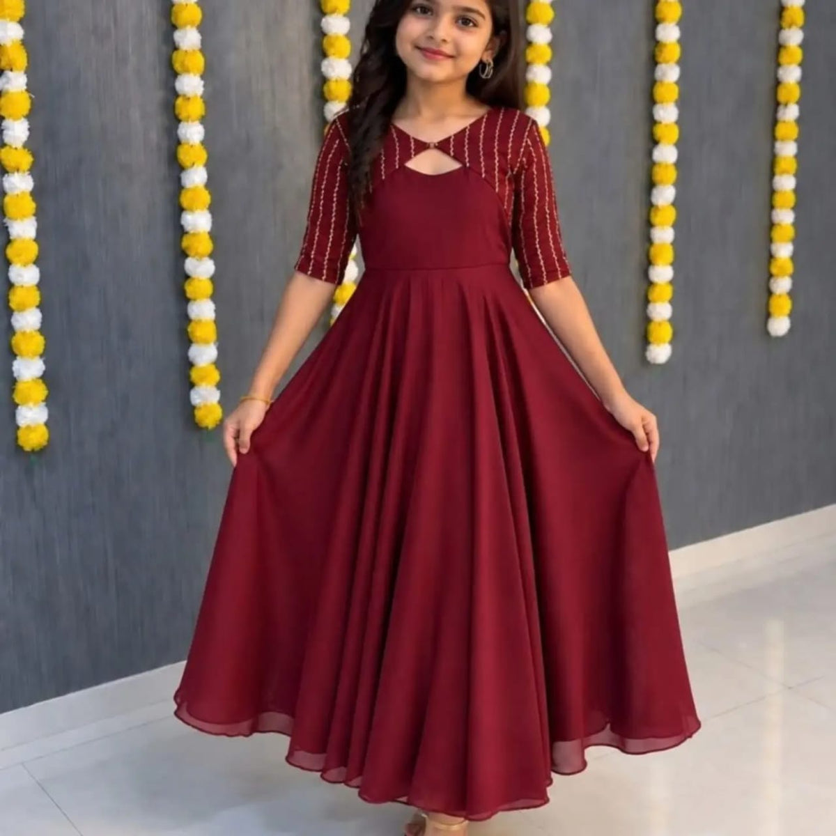 Red Pure Soft Rangoli Crush Silk Sequence Bids Work kid&