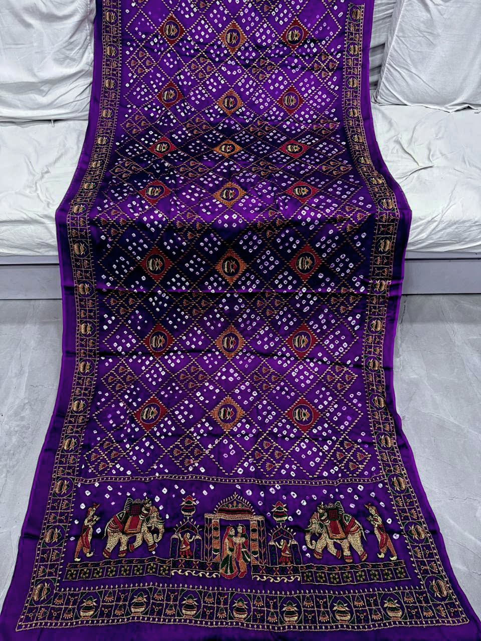 Purple Pure Gaji Silk Original Bandhani With Gota Embroidery Work Bandhej Saree