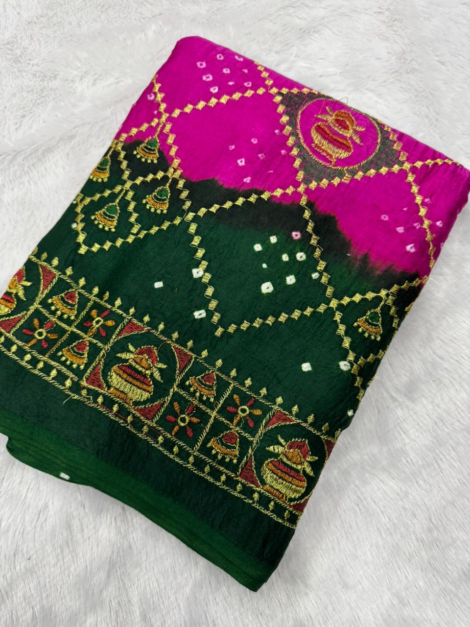 Pink Pure Gaji Silk Original Bandhani With Gota Embroidery Work Bandhej Saree