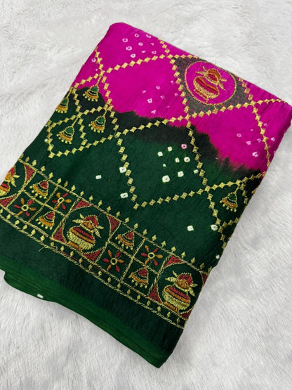 Pink Pure Gaji Silk Original Bandhani With Gota Embroidery Work Bandhej Saree