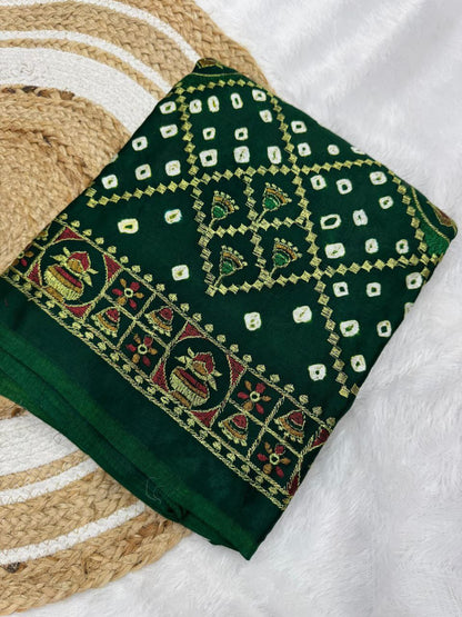 Green Pure Gaji Silk Original Bandhani With Gota Embroidery Work Bandhej Saree