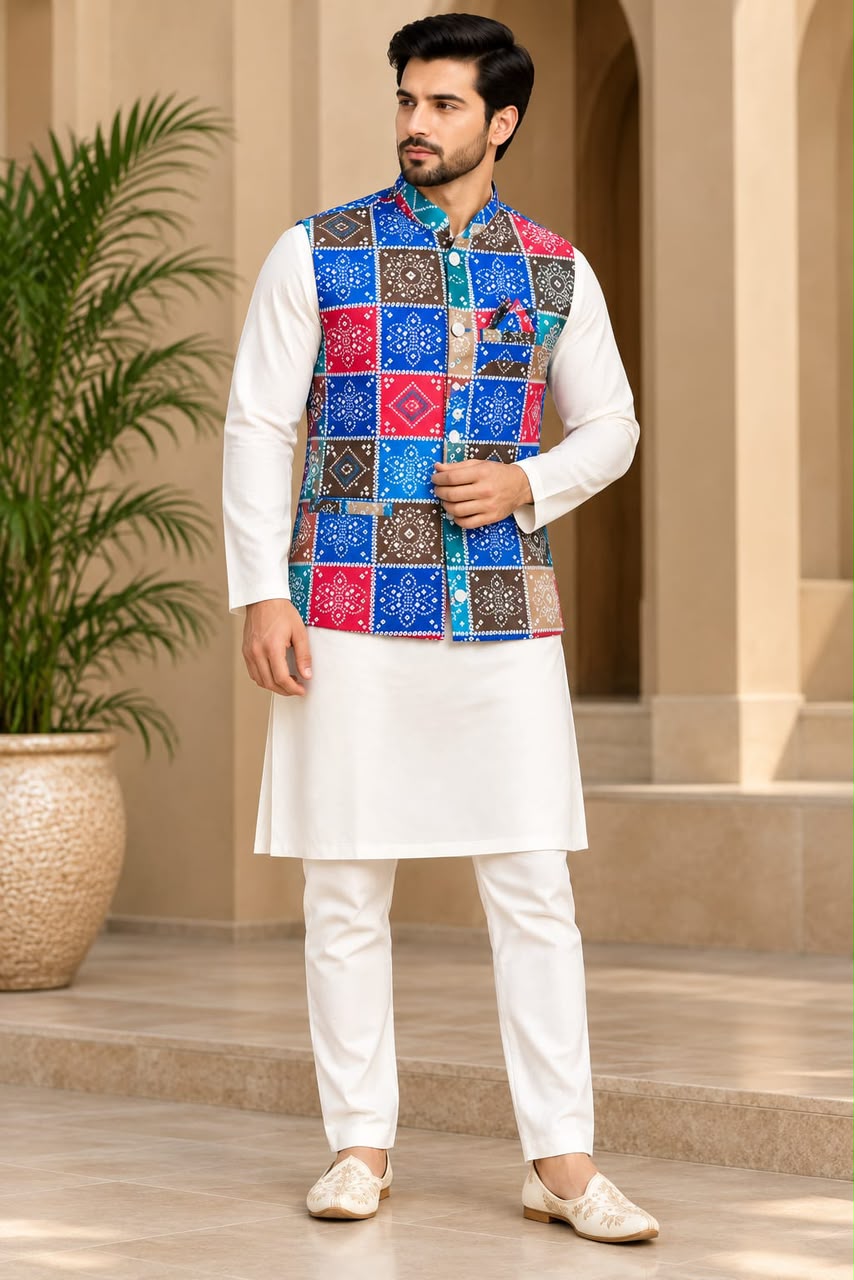 White Pure Malai Satin Kurta Pajama With Koti Jacket