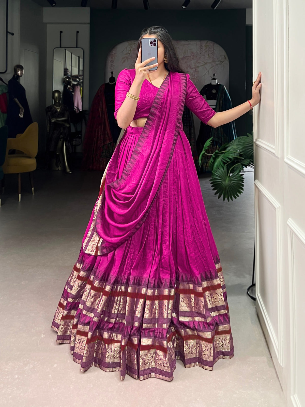 Pink Pure Chanderi Plain with Zari Weaving Work Chaniya Choli