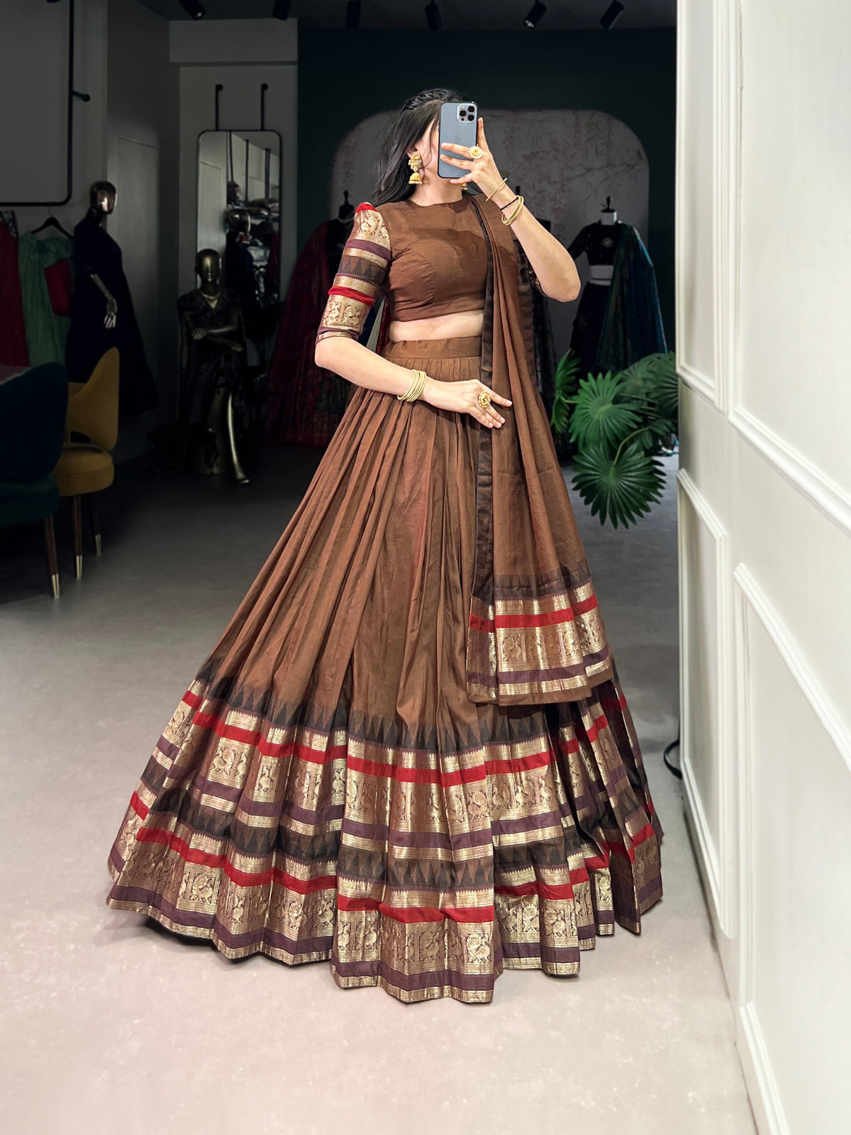 Brown Pure Chanderi Plain with Zari Weaving Work Chaniya Choli