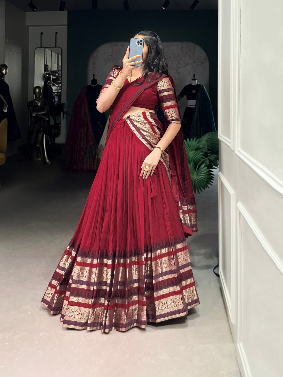 Red Pure Chanderi Plain with Zari Weaving Work Chaniya Choli