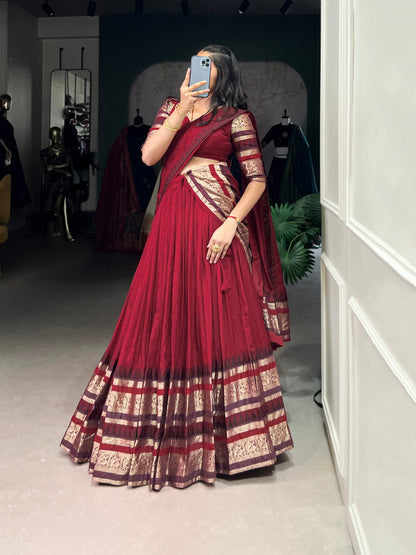 Red Pure Chanderi Plain with Zari Weaving Work Chaniya Choli