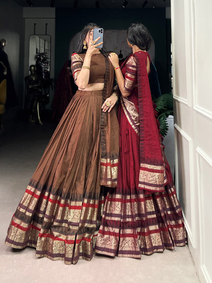 Brown Pure Chanderi Plain with Zari Weaving Work Chaniya Choli