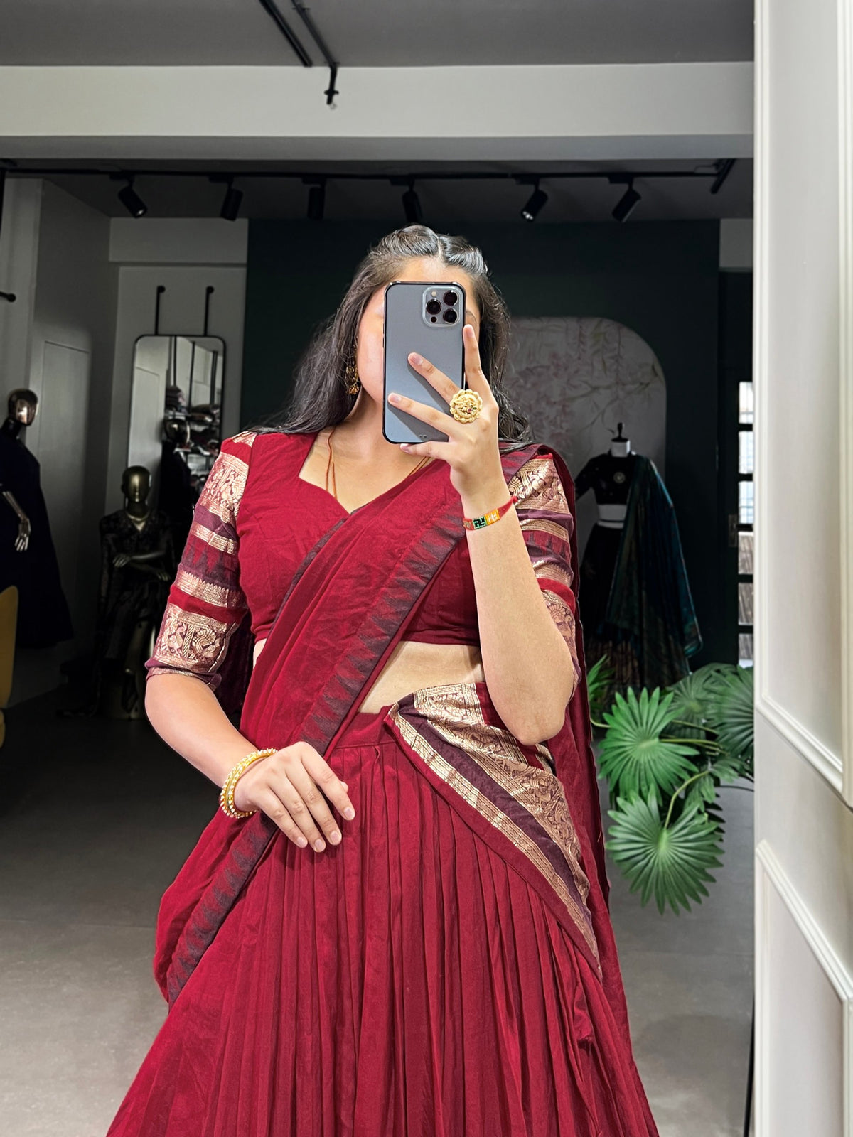 Red Pure Chanderi Plain with Zari Weaving Work Chaniya Choli