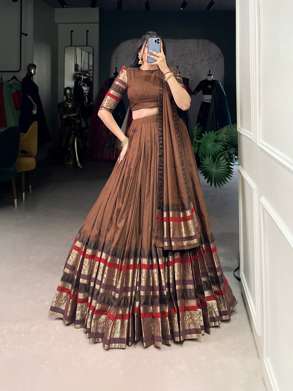 Brown Pure Chanderi Plain with Zari Weaving Work Chaniya Choli