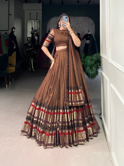 Brown Pure Chanderi Plain with Zari Weaving Work Chaniya Choli