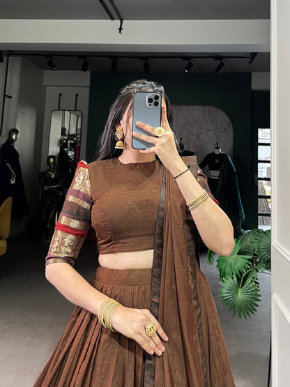 Brown Pure Chanderi Plain with Zari Weaving Work Chaniya Choli