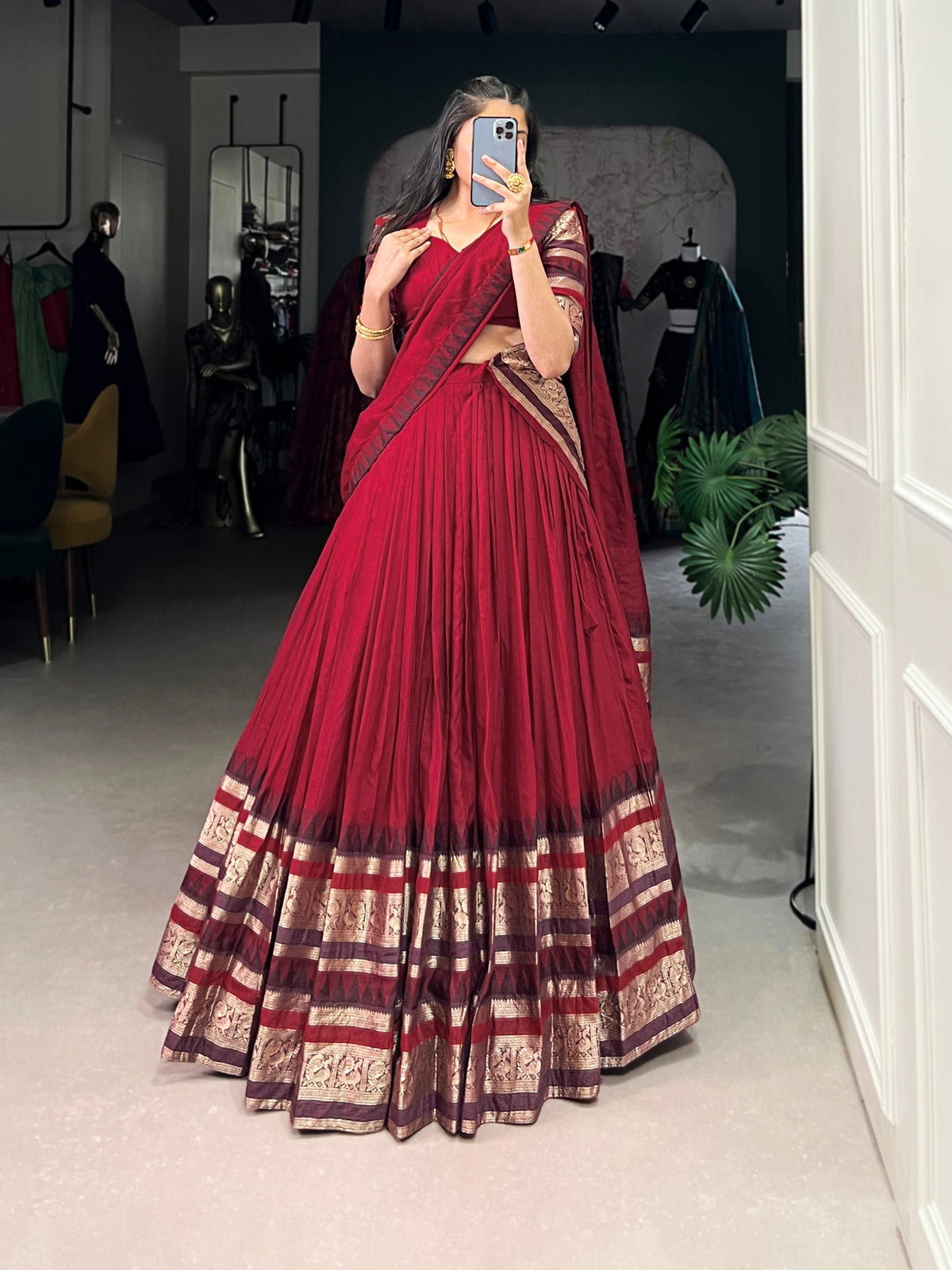 Red Pure Chanderi Plain with Zari Weaving Work Chaniya Choli