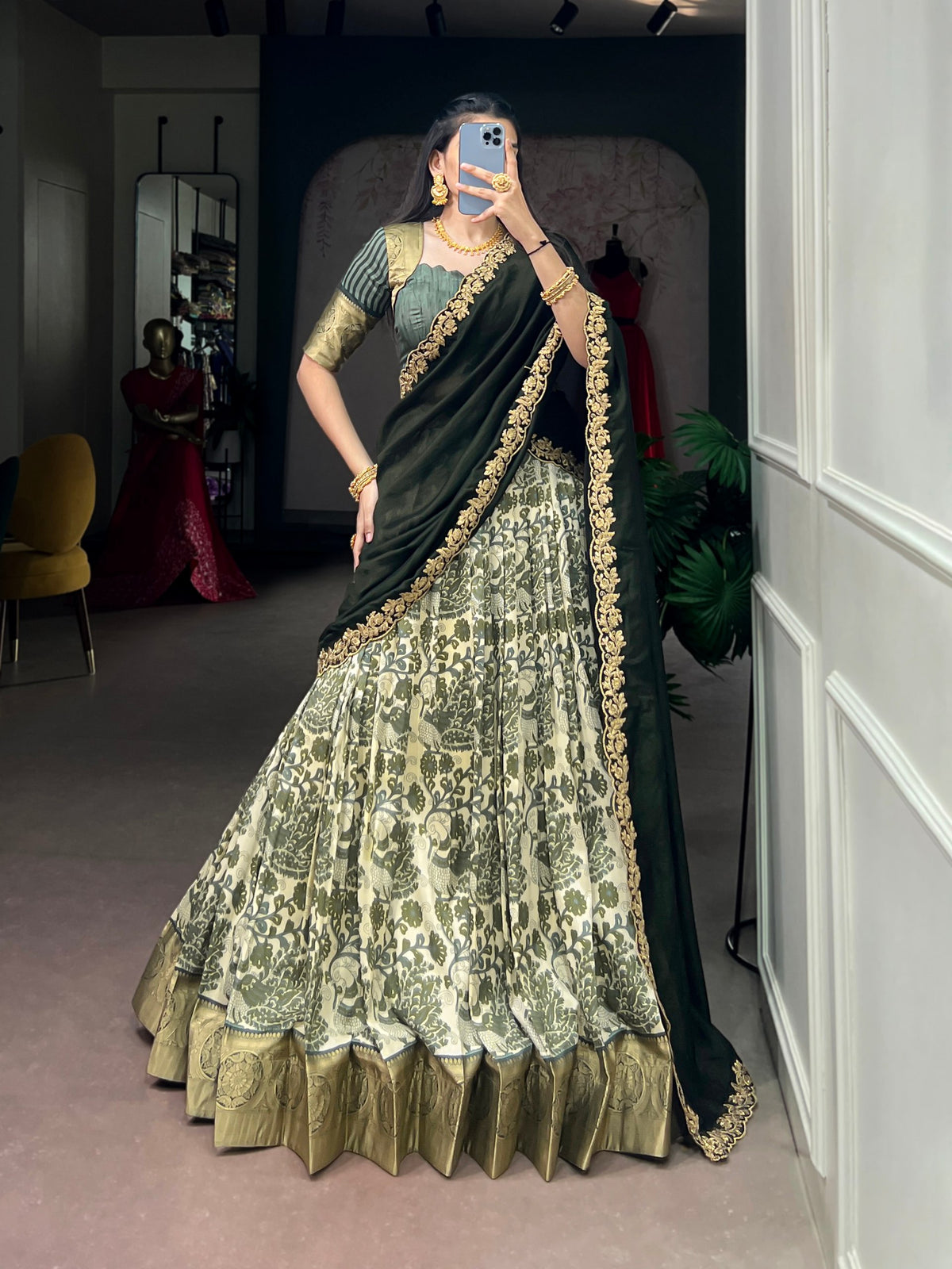 Mehndi Pure Tasar Silk Beautiful Prints and a Rich Viscose Border Work Chaniya Choli
