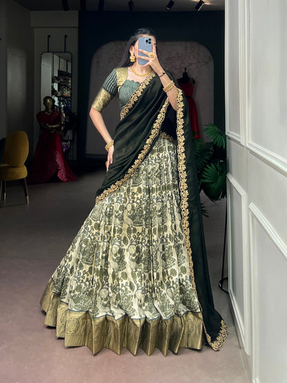 Mehndi Pure Tasar Silk Beautiful Prints and a Rich Viscose Border Work Chaniya Choli