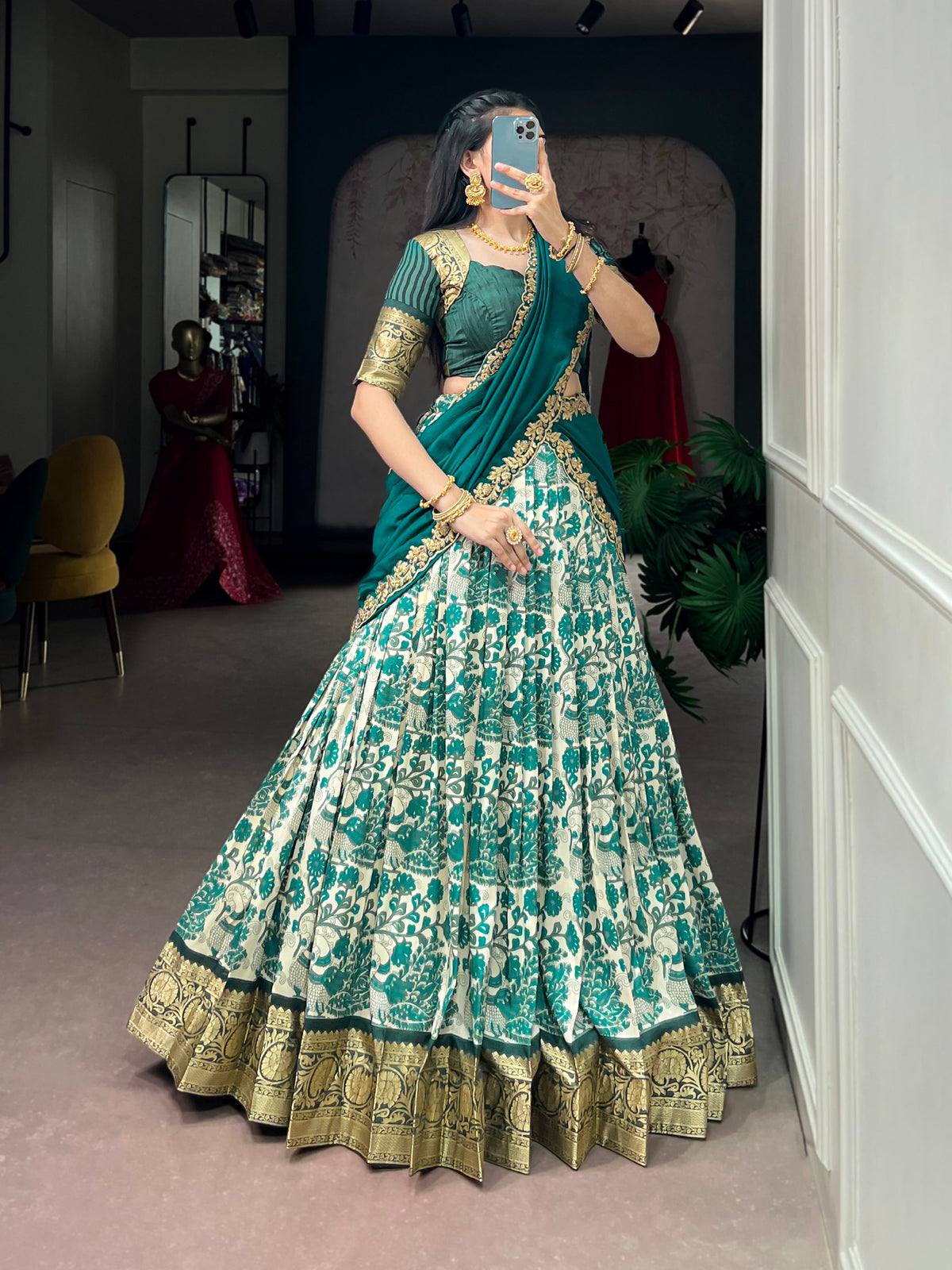 Sea Green Pure Tasar Silk Beautiful Prints and a Rich Viscose Border Work Chaniya Choli