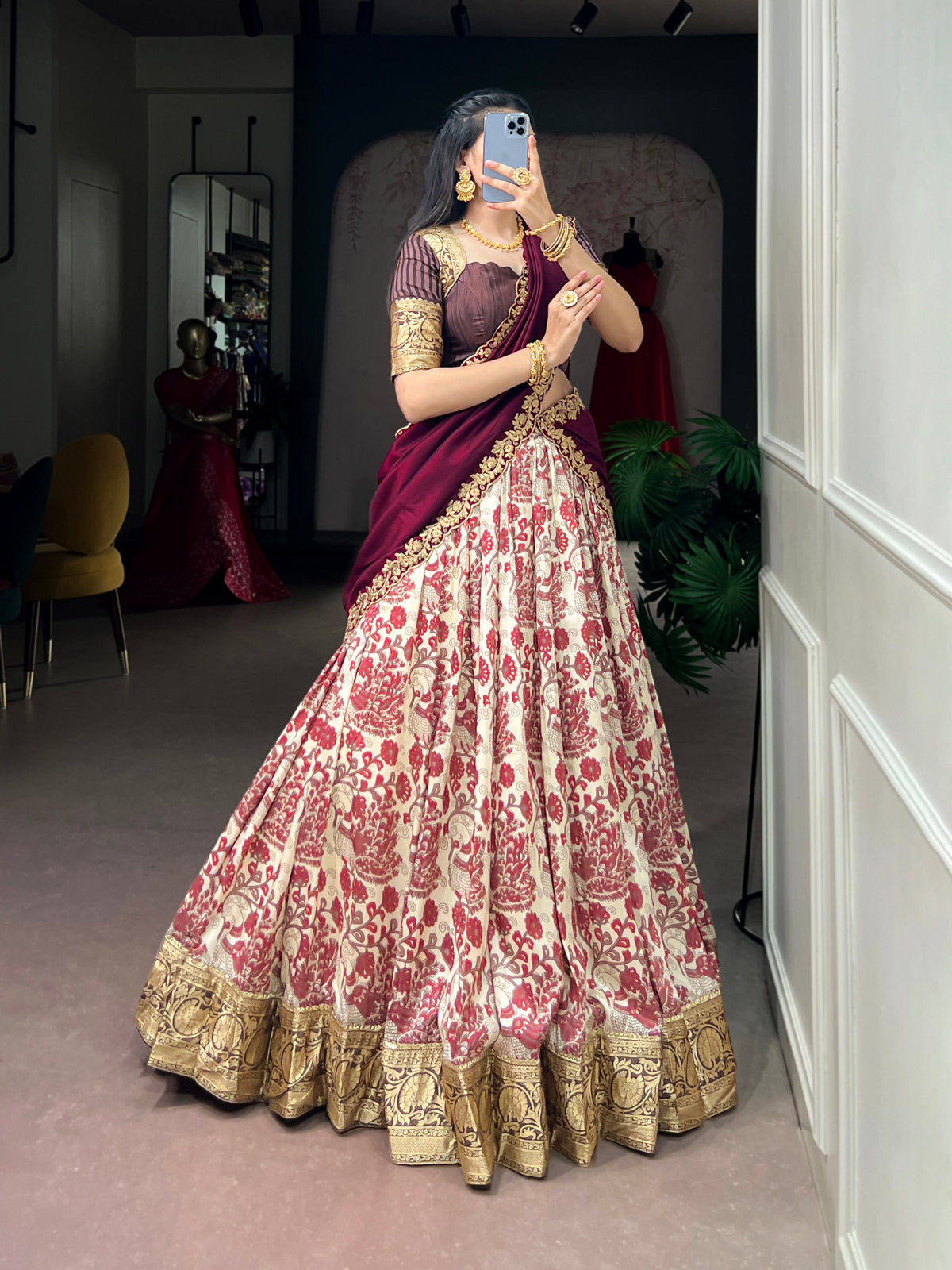 Maroon Pure Tasar Silk Beautiful Prints and a Rich Viscose Border Work Chaniya Choli