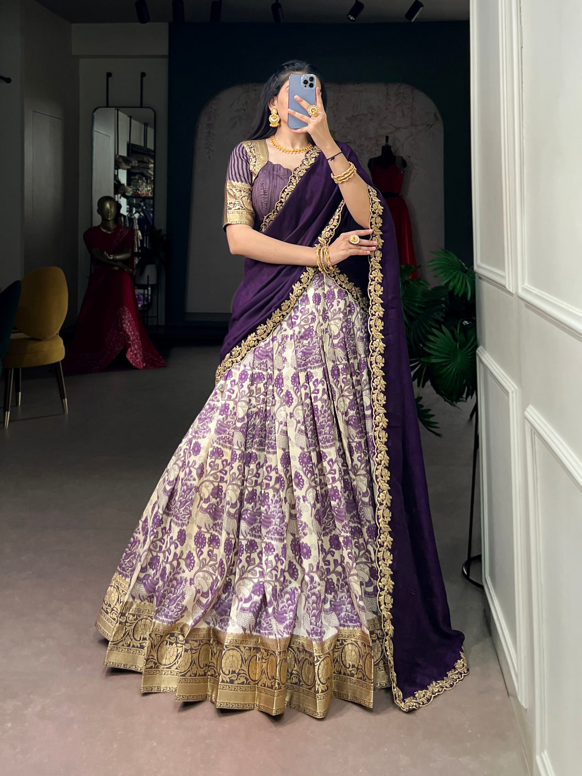 Purple Pure Tasar Silk Beautiful Prints and a Rich Viscose Border Work Chaniya Choli
