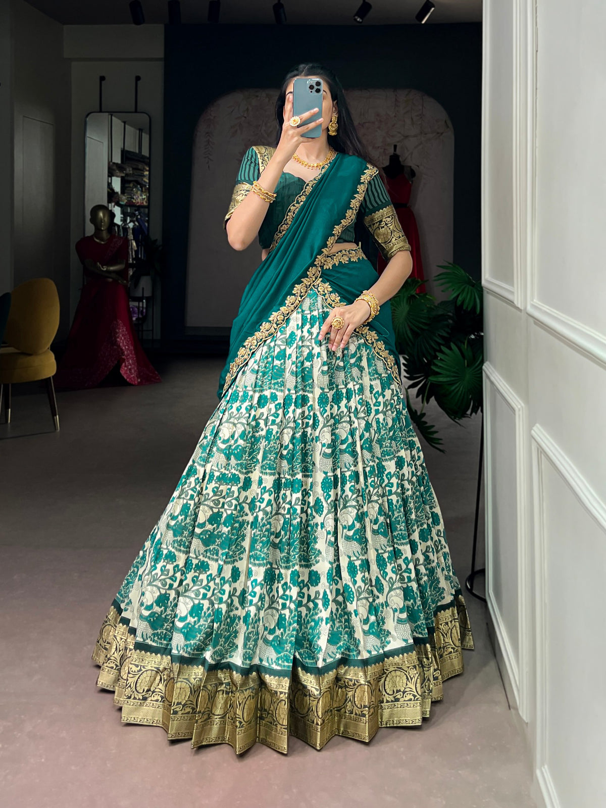 Sea Green Pure Tasar Silk Beautiful Prints and a Rich Viscose Border Work Chaniya Choli