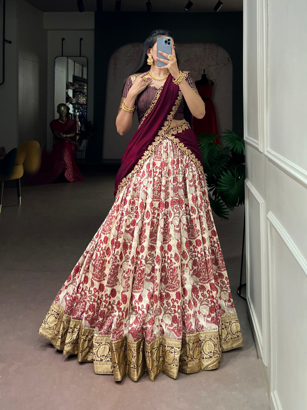 Maroon Pure Tasar Silk Beautiful Prints and a Rich Viscose Border Work Chaniya Choli