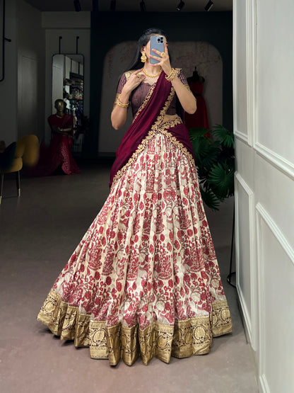 Maroon Pure Tasar Silk Beautiful Prints and a Rich Viscose Border Work Chaniya Choli