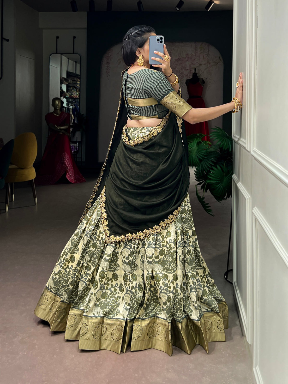 Mehndi Pure Tasar Silk Beautiful Prints and a Rich Viscose Border Work Chaniya Choli