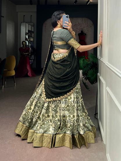 Mehndi Pure Tasar Silk Beautiful Prints and a Rich Viscose Border Work Chaniya Choli