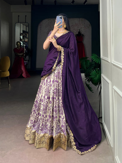 Purple Pure Tasar Silk Beautiful Prints and a Rich Viscose Border Work Chaniya Choli