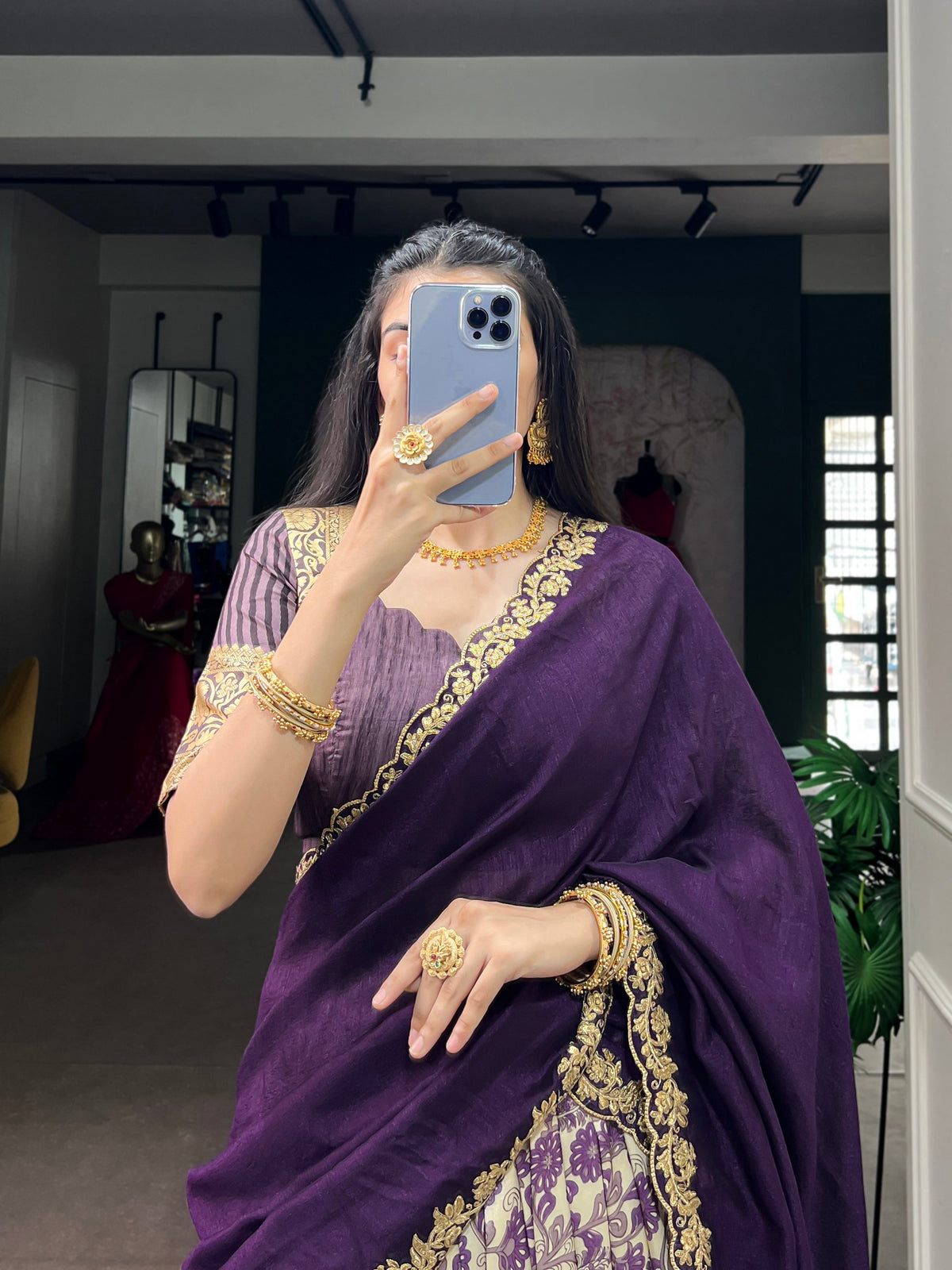 Purple Pure Tasar Silk Beautiful Prints and a Rich Viscose Border Work Chaniya Choli