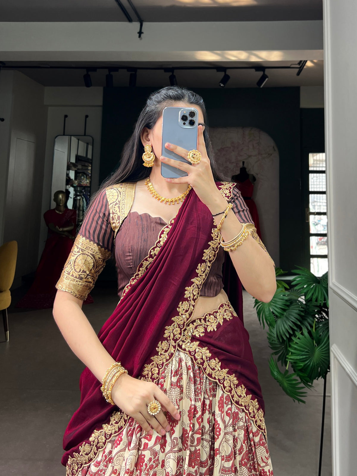 Maroon Pure Tasar Silk Beautiful Prints and a Rich Viscose Border Work Chaniya Choli