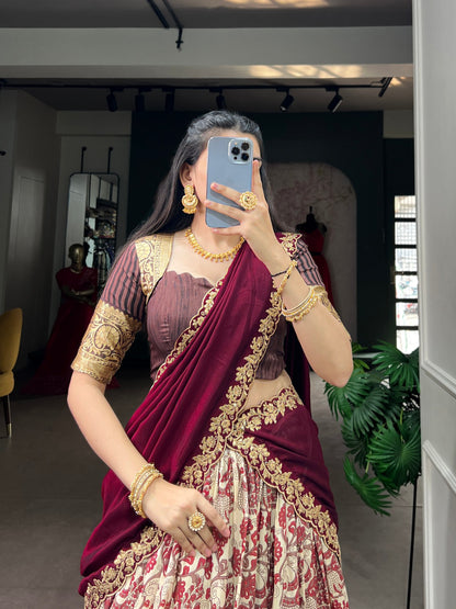 Maroon Pure Tasar Silk Beautiful Prints and a Rich Viscose Border Work Chaniya Choli