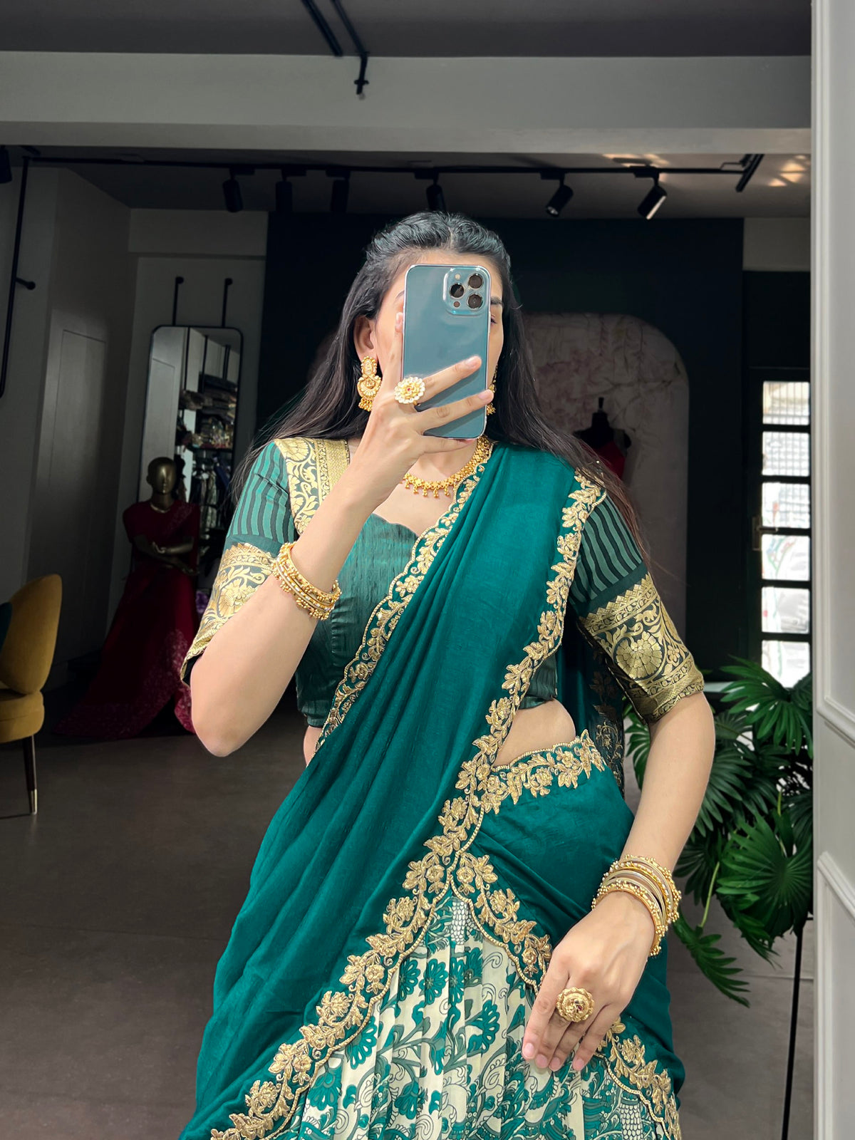 Sea Green Pure Tasar Silk Beautiful Prints and a Rich Viscose Border Work Chaniya Choli