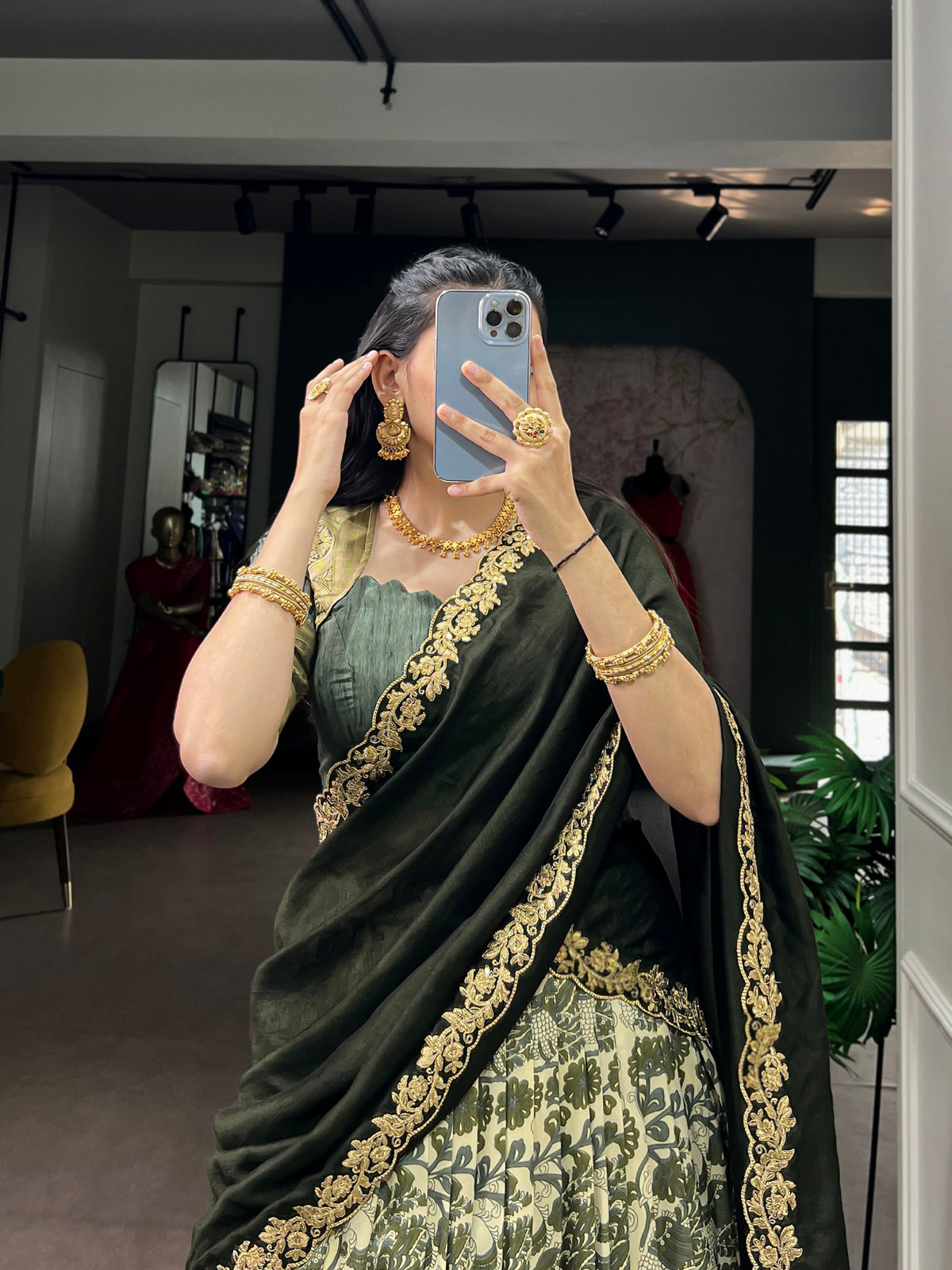 Mehndi Pure Tasar Silk Beautiful Prints and a Rich Viscose Border Work Chaniya Choli