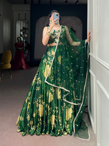 Green Pure Satin Silk Floral Prints Chaniya Choli