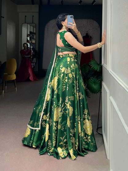 Green Pure Satin Silk Floral Prints Chaniya Choli