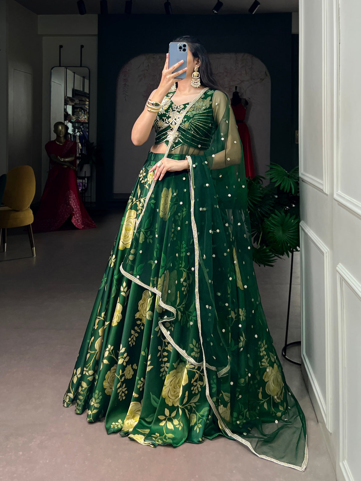 Green Pure Satin Silk Floral Prints Chaniya Choli