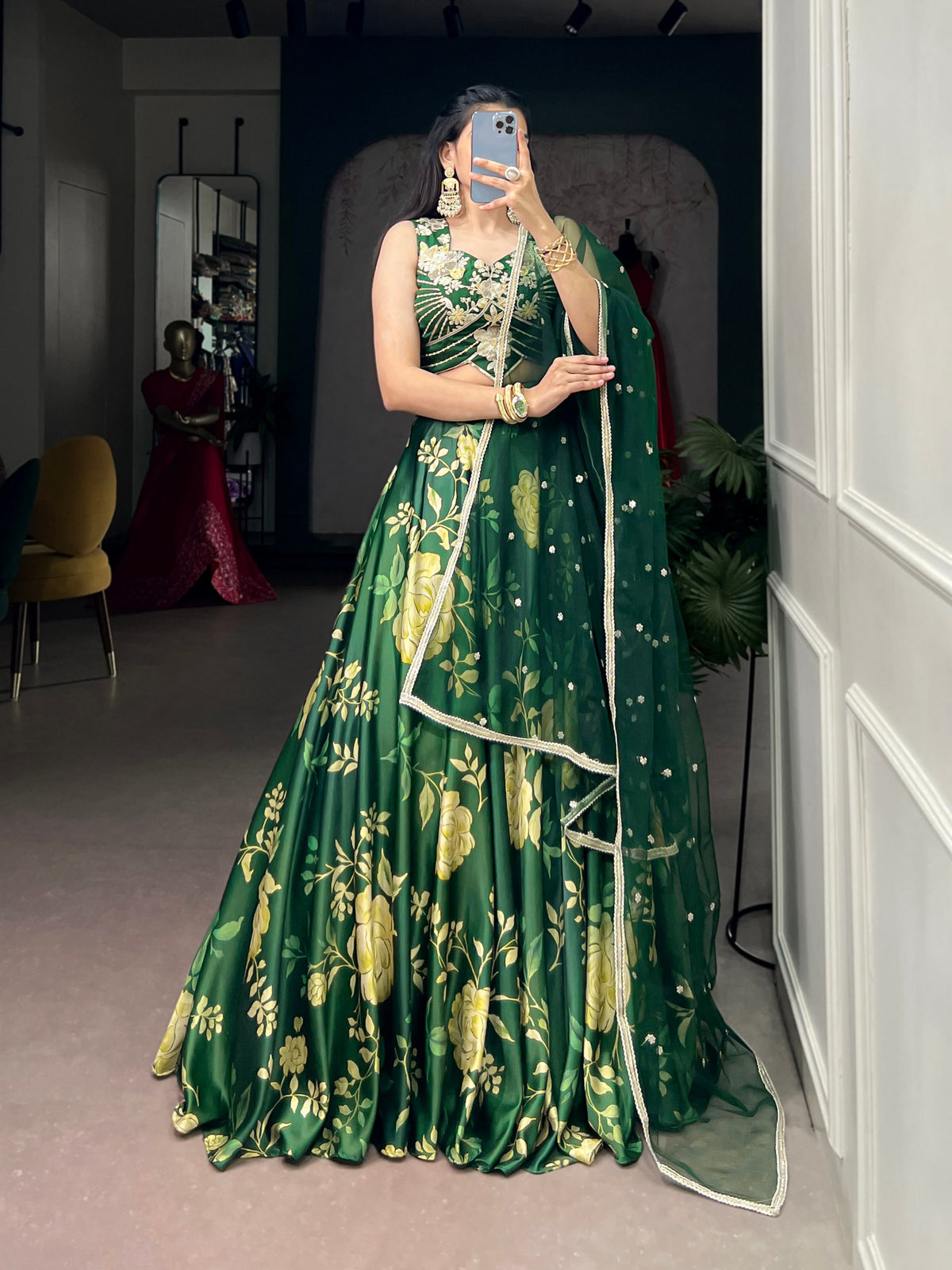 Green Pure Satin Silk Floral Prints Chaniya Choli