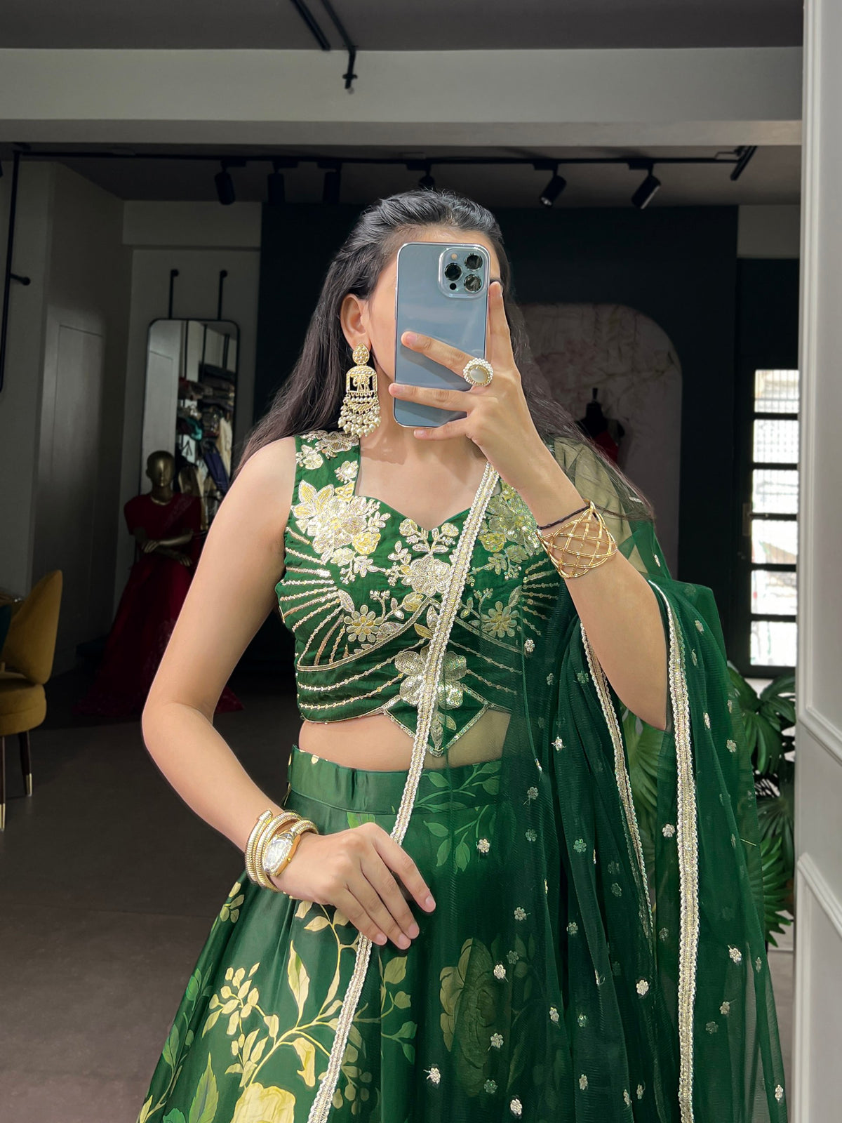Green Pure Satin Silk Floral Prints Chaniya Choli
