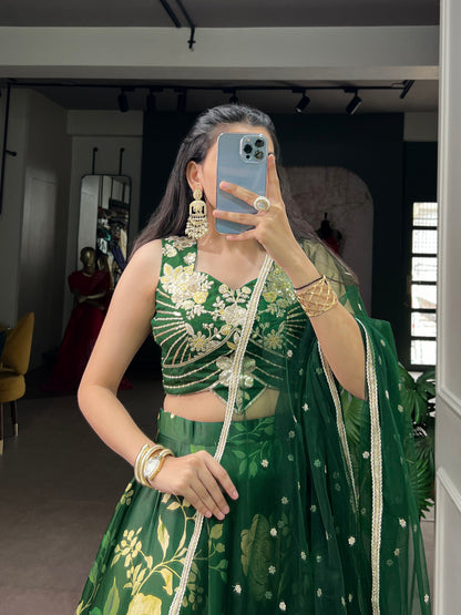 Green Pure Satin Silk Floral Prints Chaniya Choli