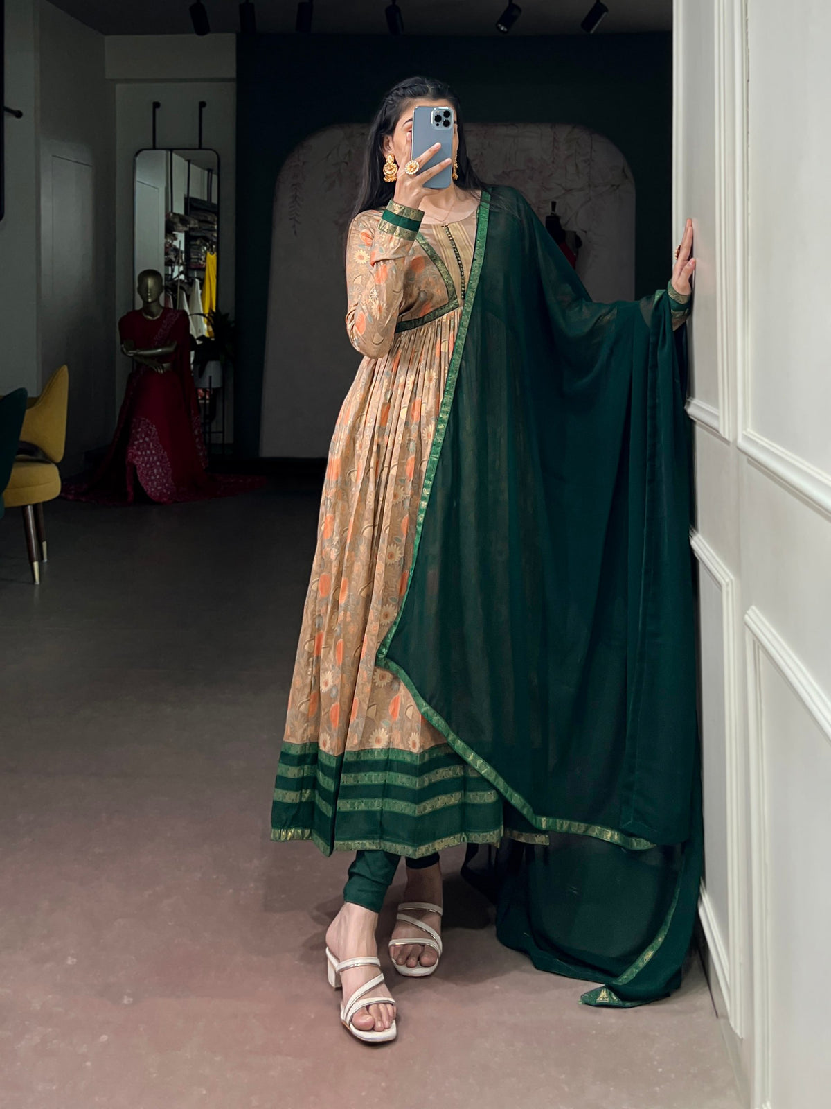 Green Pure Tasar Silk Floral Print &amp; Elegant Foil Work Anarkali Suit
