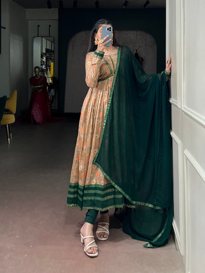 Green Pure Tasar Silk Floral Print &amp; Elegant Foil Work Anarkali Suit