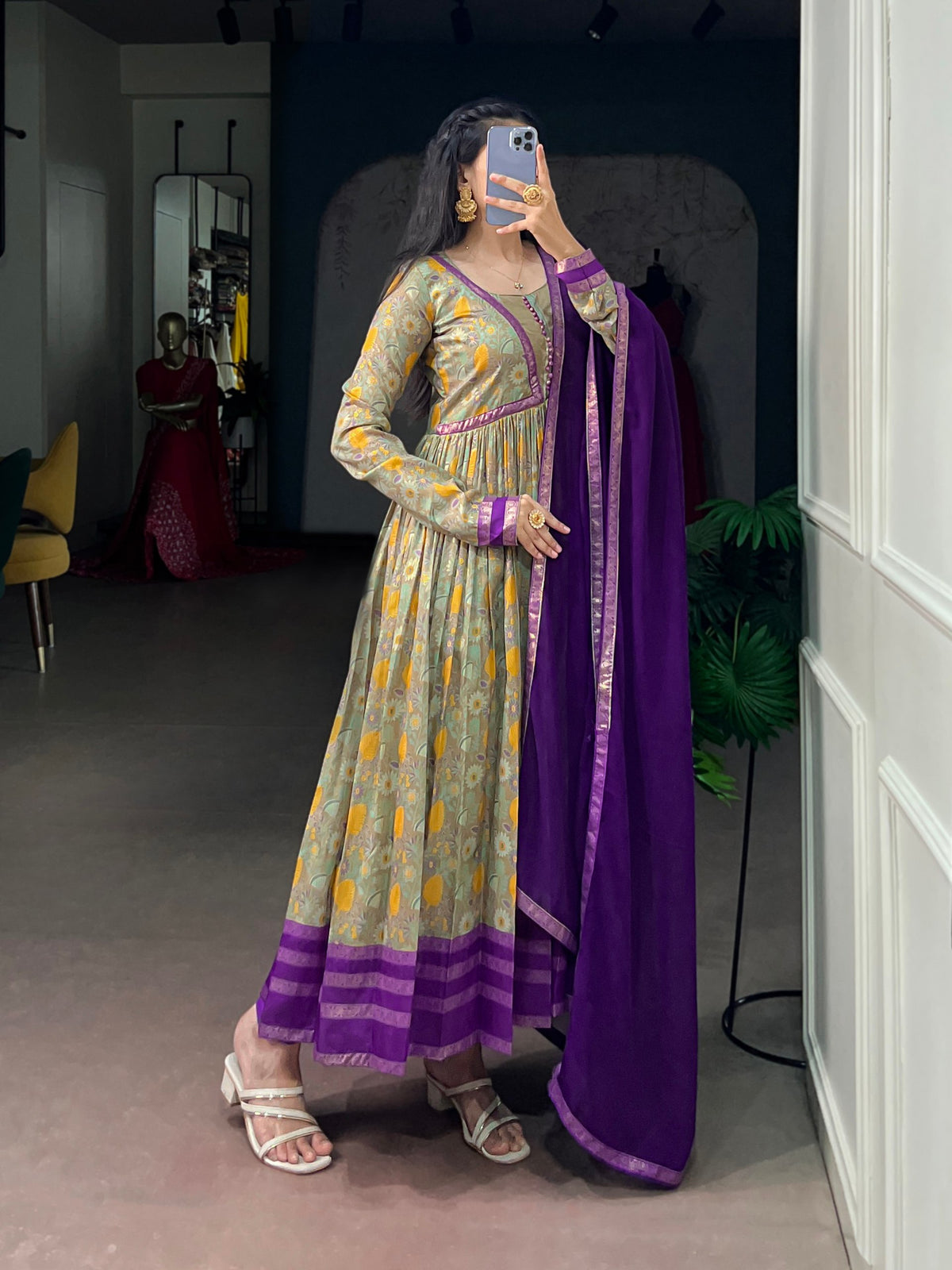Purple Pure Tasar Silk Floral Print &amp; Elegant Foil Work Anarkali Suit