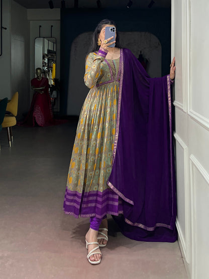 Purple Pure Tasar Silk Floral Print &amp; Elegant Foil Work Anarkali Suit