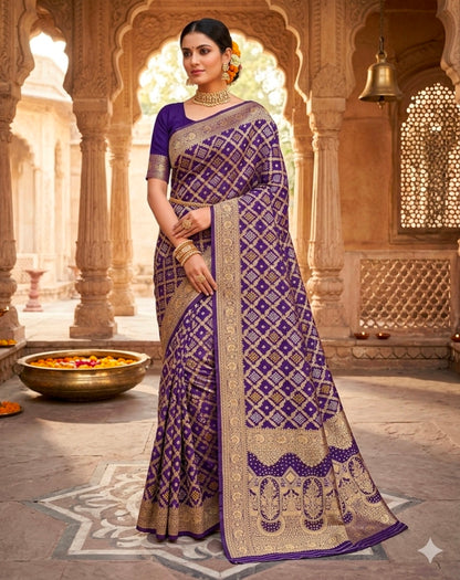 Purple Pure Khadi Georgatte Weaving Bandhani Saree
