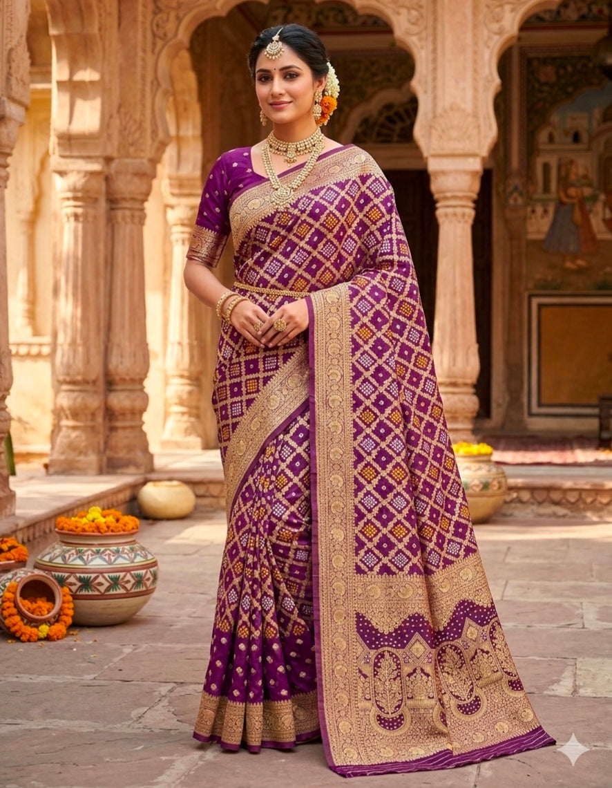 Purple Pure Khadi Georgatte Weaving Bandhani Saree