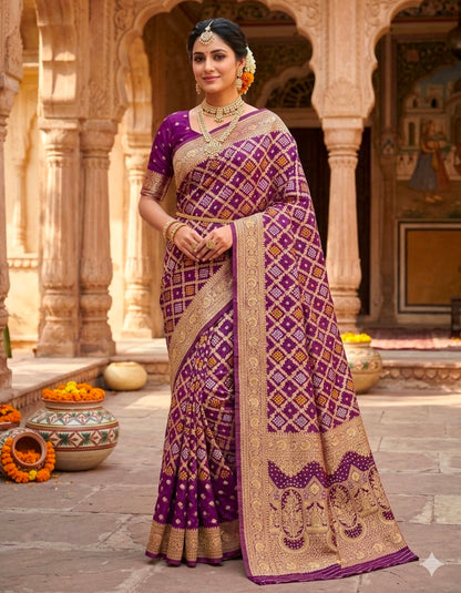 Purple Pure Khadi Georgatte Weaving Bandhani Saree