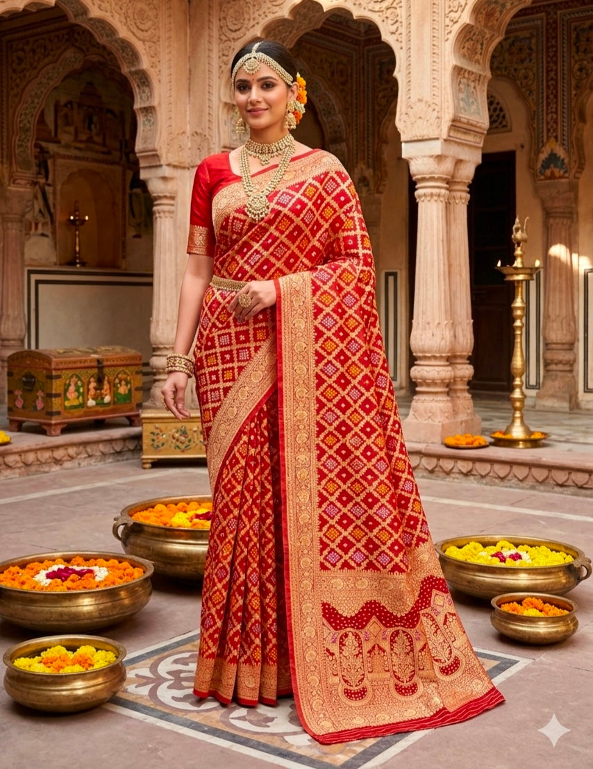 Red Pure Khadi Georgatte Weaving Bandhani Saree