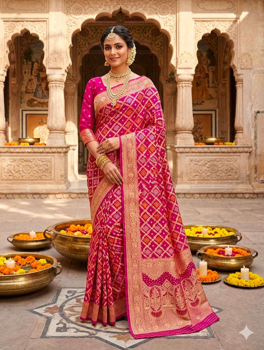 Magenta Pure Khadi Georgatte Weaving Bandhani Saree