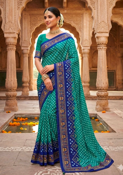Green Pure Gaji Silk Original Bandhani With Gota Embroidery Work Bandhej Saree