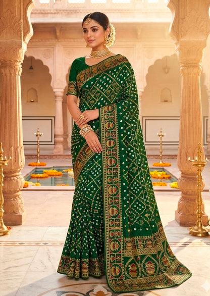 Green Pure Gaji Silk Original Bandhani With Gota Embroidery Work Bandhej Saree